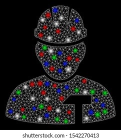 Bright mesh builder person with lightspot effect. White wire frame triangular mesh in vector format on a black background. Abstract 2d mesh designed with polygonal grid, spheric points,