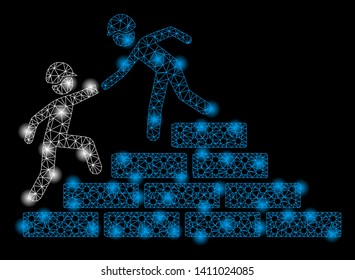 Bright mesh builder stairs help with glow effect. Abstract illuminated model of builder stairs help icon.