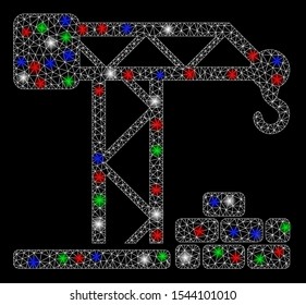 Bright mesh building crane with glare effect. White wire carcass polygonal mesh in vector format on a black background. Abstract 2d mesh designed with polygonal grid, round dots, colorful flare spots.