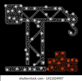 Bright mesh building crane with glow effect. Abstract illuminated model of building crane icon. Shiny wire carcass polygonal mesh building crane abstraction in vector format on a black background.