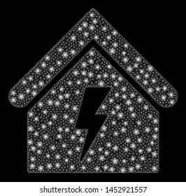 Bright mesh building electricity with glare effect. Abstract illuminated model of building electricity icon.