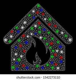Bright mesh building fire with glow effect. White wire frame triangular mesh in vector format on a black background. Abstract 2d mesh designed with triangular lines, points, colorful light spots.