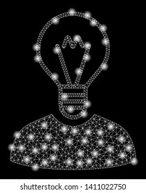 Bright mesh bulb inventor with glare effect. Abstract illuminated model of bulb inventor icon. Shiny wire carcass triangular mesh bulb inventor abstraction in vector format on a black background.