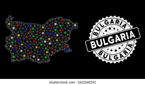 Bright mesh Bulgaria map with glow effect, and seal stamp. Wire frame triangular Bulgaria map mesh in vector format on a black background. White round seal stamp with grunge texture.