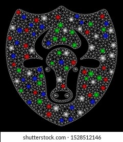 Bright mesh bull shield with lightspot effect. White wire frame triangular mesh in vector format on a black background. Abstract 2d mesh created from triangular lines, points, colorful flash spots.