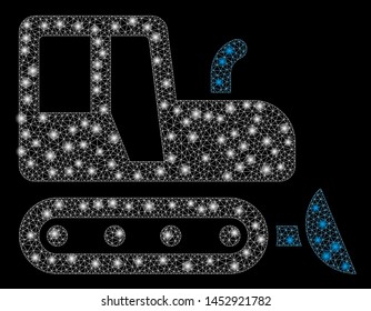 Bright mesh bulldozer with lightspot effect. Abstract illuminated model of bulldozer icon. Shiny wire carcass triangular mesh bulldozer abstraction in vector format on a black background.