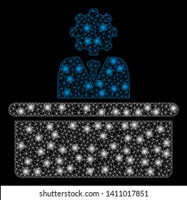 Bright mesh bureaucrat with glow effect. Abstract illuminated model of bureaucrat icon. Shiny wire frame triangular network bureaucrat abstraction in vector format on a black background.