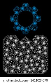 Bright mesh bureaucrat with lightspot effect. Abstract illuminated model of bureaucrat icon. Shiny wire carcass triangular mesh bureaucrat abstraction in vector format on a black background.