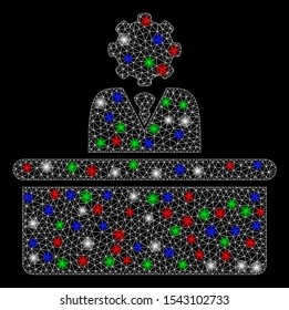 Bright mesh bureaucrat with lightspot effect. White wire carcass polygonal mesh in vector format on a black background. Abstract 2d mesh designed with polygonal grid, dots, colorful flash spots.