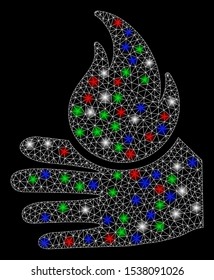 Bright mesh burn hand with glow effect. White wire carcass polygonal mesh in vector format on a black background. Abstract 2d mesh designed with triangular lines, spheric points, colorful light spots.