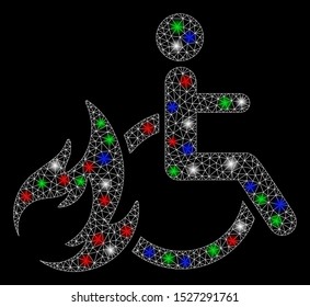 Bright mesh burn patient with glow effect. White wire frame triangular mesh in vector format on a black background. Abstract 2d mesh designed with triangular lines, spheric points,