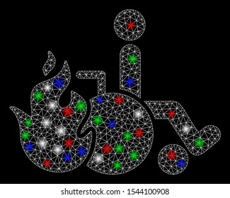 Bright mesh burn patient with lightspot effect. White wire frame triangular mesh in vector format on a black background. Abstract 2d mesh designed with polygonal grid, spheric points,