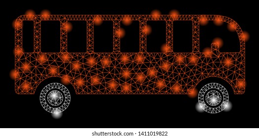 Bright mesh bus with glow effect. Abstract illuminated model of bus icon. Shiny wire frame polygonal mesh bus abstraction in vector format on a black background.
