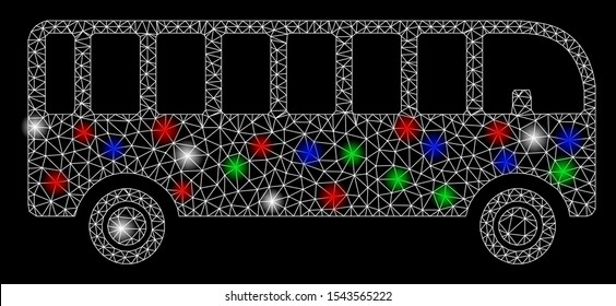 Bright mesh bus with glow effect. White wire frame polygonal mesh in vector format on a black background. Abstract 2d mesh built from polygonal grid, points, colored light spots.