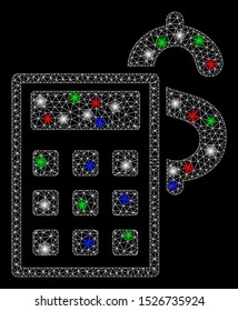 Bright mesh business calculator with glow effect. White wire carcass triangular mesh in vector format on a black background. Abstract 2d mesh designed with triangles, round dots, colored flare spots.