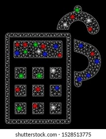 Bright mesh business calculator with glow effect. White wire frame triangular mesh in vector format on a black background. Abstract 2d mesh designed with triangular lines, small circle,
