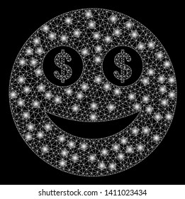 Bright mesh business smiley with glare effect. Abstract illuminated model of business smiley icon. Shiny wire frame triangular mesh business smiley abstraction in vector format on a black background.