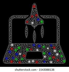 Bright mesh business startup with glare effect. White wire carcass polygonal mesh in vector format on a black background. Abstract 2d mesh designed with polygonal grid, spheric points,