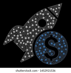 Bright mesh business startup rocket with glow effect. Abstract illuminated model of business startup rocket icon.