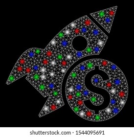Bright mesh business startup rocket with lightspot effect. White wire frame triangular network in vector format on a black background. Abstract 2d mesh designed with triangular lines, round dots,