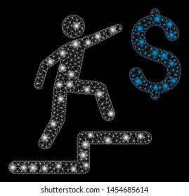 Bright mesh business steps with glare effect. Abstract illuminated model of business steps icon. Shiny wire carcass triangular mesh business steps abstraction in vector format on a black background.
