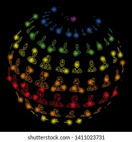 Bright mesh businessman abstract sphere with lightspot effect. Abstract illuminated model of businessman abstract sphere icon.