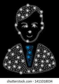 Bright mesh businessman with glare effect. Abstract illuminated model of businessman icon. Shiny wire frame triangular mesh businessman abstraction in vector format on a black background.