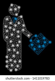 Bright mesh businessman with glow effect. Abstract illuminated model of businessman icon. Shiny wire frame triangular network businessman abstraction in vector format on a black background.
