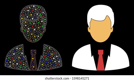 Bright mesh businessman icon with sparkle effect. Abstract illuminated model of businessman. Shiny wire carcass triangular mesh businessman icon. Vector abstraction on a black background.