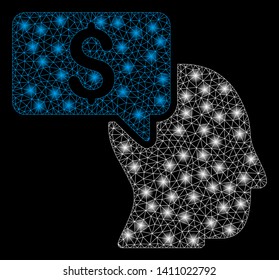 Bright mesh businessman idea with glow effect. Abstract illuminated model of businessman idea icon. Shiny wire frame polygonal mesh businessman idea abstraction in vector format on a black background.
