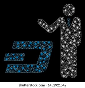 Bright mesh businessman show Dash with glow effect. Abstract illuminated model of businessman show Dash icon.