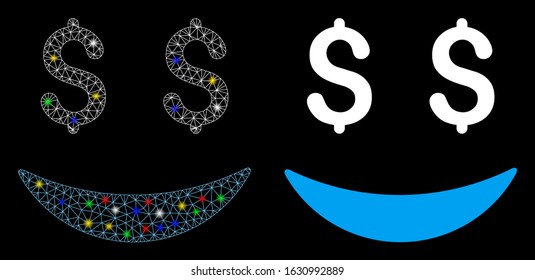 Bright mesh businessman smile icon with lightspot effect. Abstract illuminated model of businessman smile. Shiny wire carcass polygonal mesh businessman smile icon.