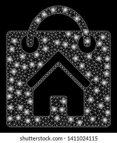 Bright mesh buy home with glare effect. Abstract illuminated model of buy home icon. Shiny wire carcass polygonal mesh buy home abstraction in vector format on a black background.