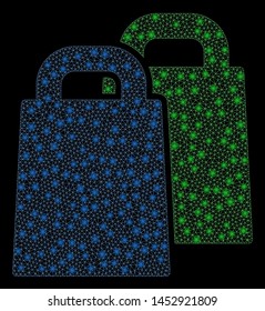Bright mesh buy with lightspot effect. Abstract illuminated model of buy icon. Shiny wire frame polygonal mesh buy abstraction in vector format on a black background.