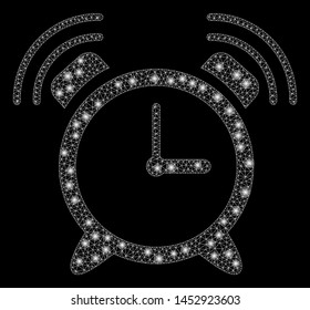 Bright mesh buzzer with lightspot effect. Abstract illuminated model of buzzer icon. Shiny wire carcass polygonal mesh buzzer abstraction in vector format on a black background.