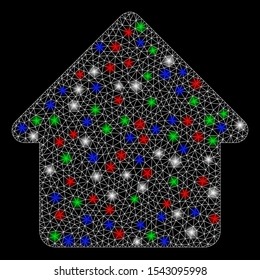 Bright mesh cabin with glow effect. White wire carcass polygonal mesh in vector format on a black background. Abstract 2d mesh built from polygonal grid, dots, colored flash spots.