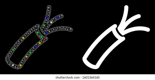 Bright mesh cable icon with sparkle effect. Abstract illuminated model of cable. Shiny wire carcass triangular mesh cable icon. Vector abstraction on a black background.