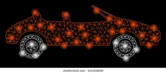 Bright mesh cabriolet with glare effect. Abstract illuminated model of cabriolet icon. Shiny wire frame polygonal network cabriolet abstraction in vector format on a black background.