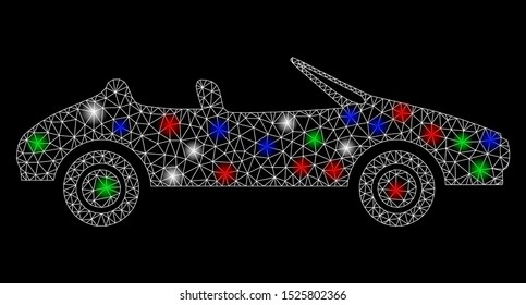 Bright mesh cabriolet with glare effect. White wire carcass triangular mesh in vector format on a black background. Abstract 2d mesh designed with polygonal grid, round dots, colorful flash spots.