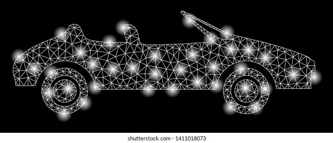 Bright mesh cabriolet with lightspot effect. Abstract illuminated model of cabriolet icon. Shiny wire carcass polygonal network cabriolet abstraction in vector format on a black background.