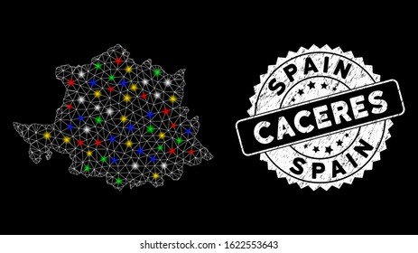 Bright mesh Caceres Province map with glare effect, and watermark. Wire frame triangular Caceres Province map mesh in vector format on a black background.
