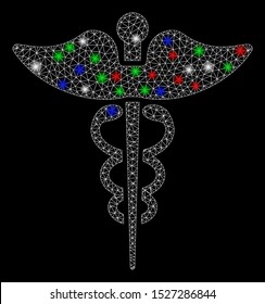 Bright mesh caduceus with glare effect. White wire carcass polygonal mesh in vector format on a black background. Abstract 2d mesh designed with polygonal grid, round dots, colored flash spots.