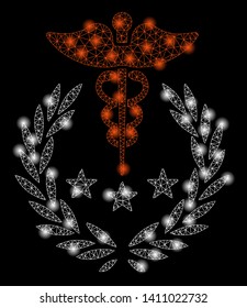 Bright mesh caduceus logo with glare effect. Abstract illuminated model of caduceus logo icon. Shiny wire frame triangular mesh caduceus logo abstraction in vector format on a black background.