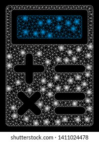 Bright mesh calculator with glare effect. Abstract illuminated model of calculator icon. Shiny wire carcass polygonal mesh calculator abstraction in vector format on a black background.