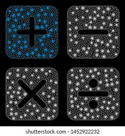 Bright mesh calculator with glare effect. Abstract illuminated model of calculator icon. Shiny wire frame triangular network calculator abstraction in vector format on a black background.