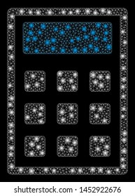 Bright mesh calculator with glow effect. Abstract illuminated model of calculator icon. Shiny wire frame triangular mesh calculator abstraction in vector format on a black background.