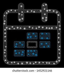 Bright mesh calendar date with lightspot effect. Abstract illuminated model of calendar date icon. Shiny wire frame triangular mesh calendar date abstraction in vector format on a black background.