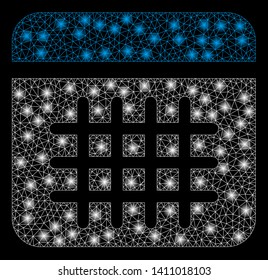 Bright mesh calendar with glare effect. Abstract illuminated model of calendar icon. Shiny wire carcass polygonal mesh calendar abstraction in vector format on a black background.
