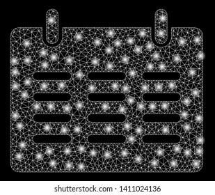 Bright mesh calendar with glare effect. Abstract illuminated model of calendar icon. Shiny wire frame polygonal mesh calendar abstraction in vector format on a black background.