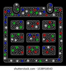 Bright mesh calendar with glare effect. White wire frame triangular network in vector format on a black background. Abstract 2d mesh designed with triangular lines, dots, colored light spots.
